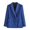 WESAY JESI Women's Coat Classic Double Breasted Plaid Texture Za Woman 2023 Blazer Long Sleeve Blue Jackets Vintage Outerwear
