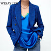 WESAY JESI Women's Coat Classic Double Breasted Plaid Texture Za Woman 2023 Blazer Long Sleeve Blue Jackets Vintage Outerwear