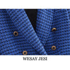 WESAY JESI Women's Coat Classic Double Breasted Plaid Texture Za Woman 2023 Blazer Long Sleeve Blue Jackets Vintage Outerwear