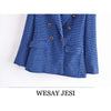 WESAY JESI Women's Coat Classic Double Breasted Plaid Texture Za Woman 2023 Blazer Long Sleeve Blue Jackets Vintage Outerwear