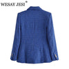 WESAY JESI Women's Coat Classic Double Breasted Plaid Texture Za Woman 2023 Blazer Long Sleeve Blue Jackets Vintage Outerwear
