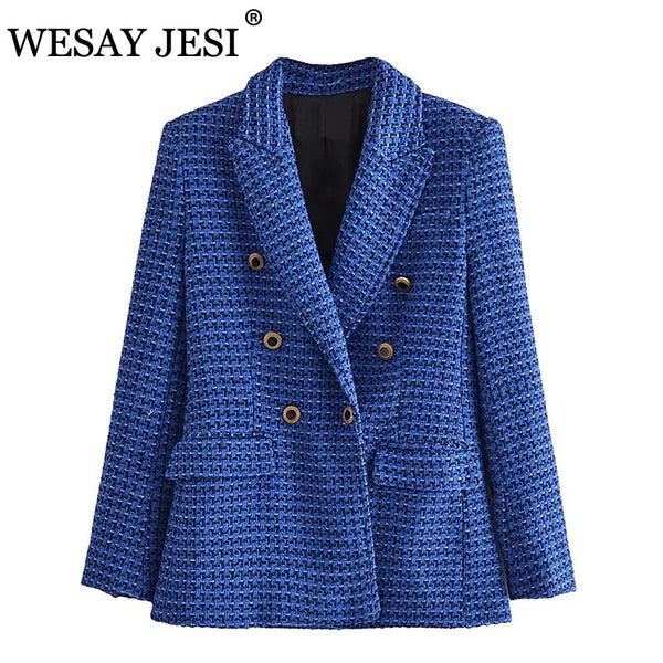 WESAY JESI Women's Coat Classic Double Breasted Plaid Texture Za Woman 2023 Blazer Long Sleeve Blue Jackets Vintage Outerwear