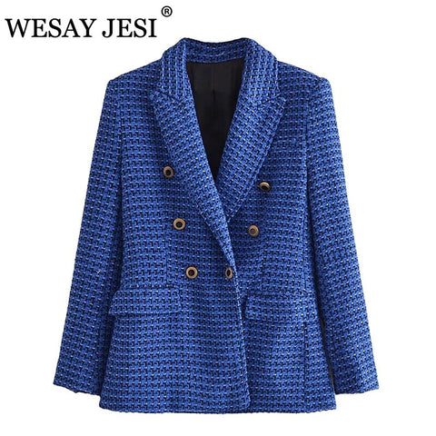 WESAY JESI Women's Coat Classic Double Breasted Plaid Texture Za Woman 2023 Blazer Long Sleeve Blue Jackets Vintage Outerwear