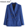 WESAY JESI Women's Coat Classic Double Breasted Plaid Texture Za Woman 2023 Blazer Long Sleeve Blue Jackets Vintage Outerwear