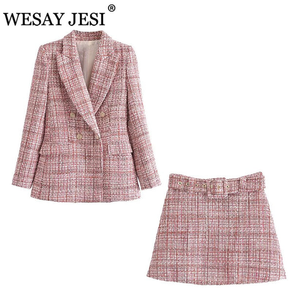 WESAY JESI Za Womem's Suit Formal Blazers Sets Two Pieces Jacket Suits With Skirt Tweed Suit For Women Double Breasted Blazers