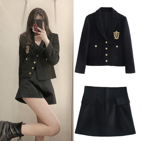 WESAY JESI Za Women Blazer+Skirt 2022 Black Button Cropped Blazer Long Sleeve Pocket Texture Casual Office Lady Chic Female Tops