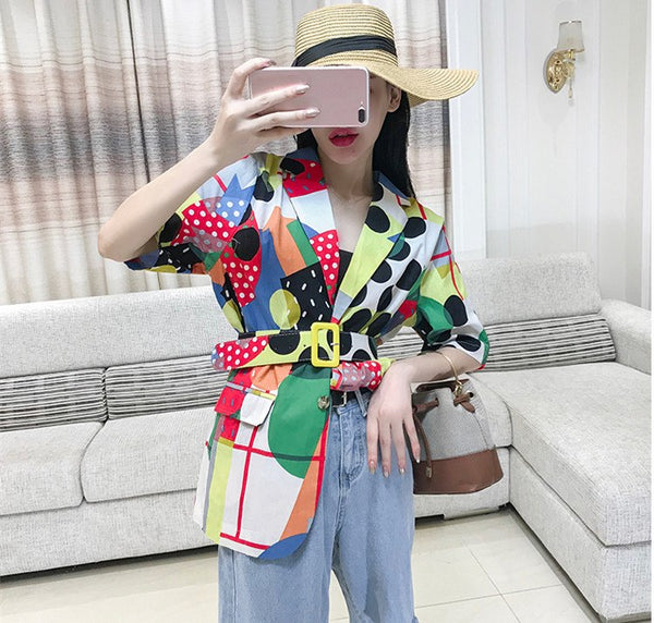 WHITNEY WANG 2022 Summer Fashion Streetwear Colors Contrast Polka Dot Printed Belted Blazer Women Casual Coat WW-1540