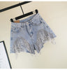 WHITNEY WANG 2022 Spring  Summer Streetwear Wave Diamonds Tassel Denim Shorts Women Jeans Short Plus Size 5XL