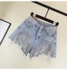 WHITNEY WANG 2022 Spring  Summer Streetwear Wave Diamonds Tassel Denim Shorts Women Jeans Short Plus Size 5XL