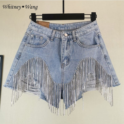 WHITNEY WANG 2022 Spring  Summer Streetwear Wave Diamonds Tassel Denim Shorts Women Jeans Short Plus Size 5XL