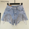 WHITNEY WANG 2022 Spring  Summer Streetwear Wave Diamonds Tassel Denim Shorts Women Jeans Short Plus Size 5XL