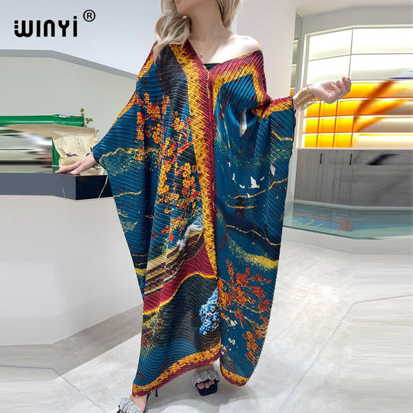 WINYIماكسي اللباس caftan For Women crumple Design Loose Dress Batwing Maxi Long Femme Vestidos Summer Autumn Party Elegant Dress