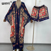 WINYItwo-piece suit Bohemian Printed Over Size V-neck Batwing Sleeve trab Dress Women Elastic Silk Floor Length Tide