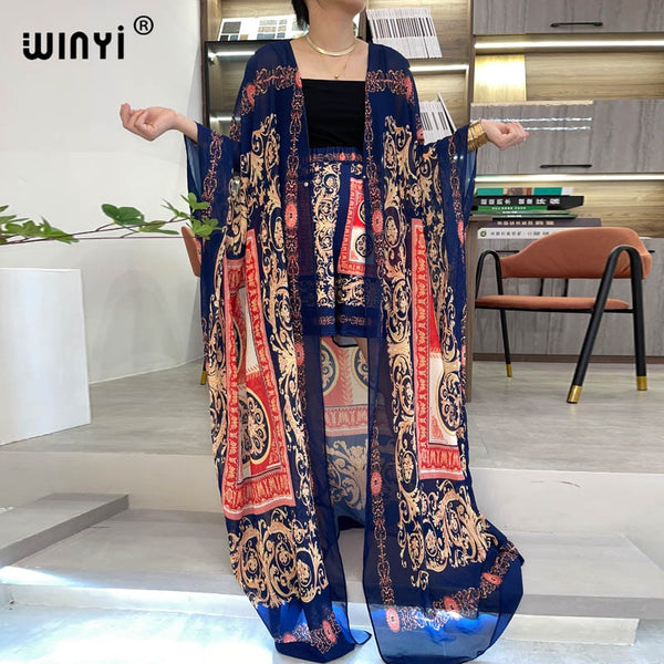 WINYItwo-piece suit Bohemian Printed Over Size V-neck Batwing Sleeve trab Dress Women Elastic Silk Floor Length Tide