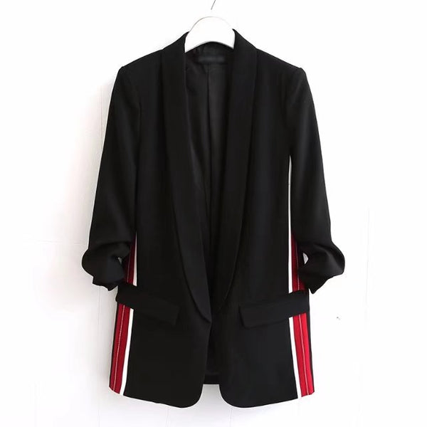 Spring Fashion Ladies Side Stripes Flowing blazer lapel collar elbow Length pleated sleeves Front double pockets