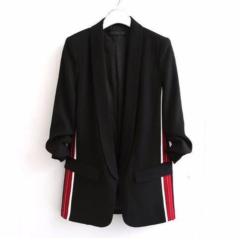 Spring Fashion Ladies Side Stripes Flowing blazer lapel collar elbow Length pleated sleeves Front double pockets