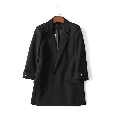 Spring Green Blue Pink Black LONG BLAZER lapel collar 3/4 sleeves French cuffs with pearl bead Front flap pockets