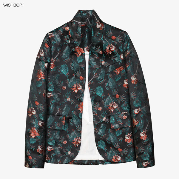 NEW 2022 Spring Runway Woman Vintage Guitar Leaves Jacquard Blazer Stand Collar Flap Pocket Long Sleeves Flap Pockets