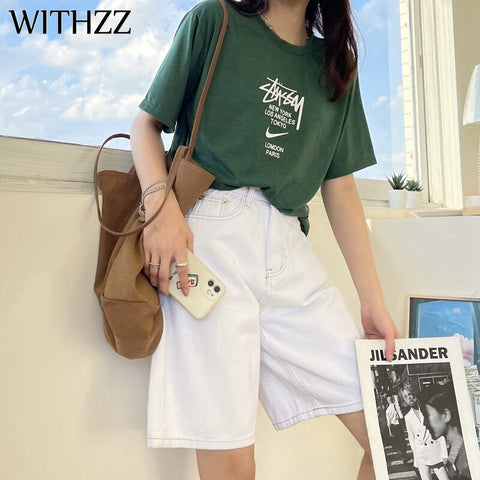 WITHZZ Spring Summer Women's Loose Light Color Straight Jeans  Denim Shorts