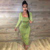 WJFZQM 2022 Long Sleeve Square Collar Bodycon Ruched Green Maxi Dresses Autumn Winter Women Backless Pleated Party Club Clothing