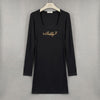WOMENGAGA Mini Dress Autumn Elegant Square Neck Low Chest Embroidery Letter Solid Color Sexy Skinny Long Sleeve Korean X8AD