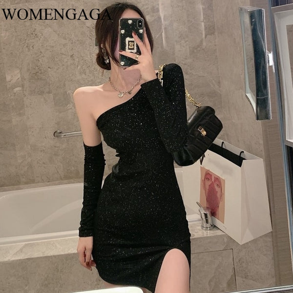 WOMENGAGA Sexy Strapless Exposed Collarbone Full Sleeve Mini Hip 2022 Thin Irregular Dresses Women's EJNT