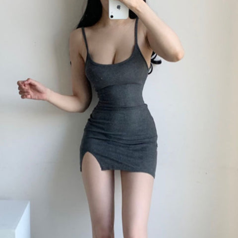 WOMENGAGA Tank Square Collar Sexy Thin Basic Slim Split Skinny Hip Sweet Girl Solid Color Sleeveless Mini Dress Korean Tops QD8Y