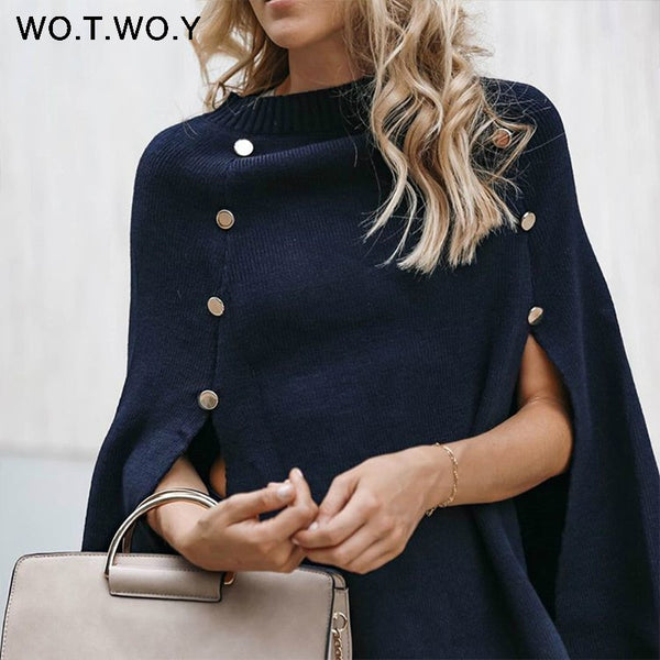 WOTWOY 2019 Knitted Cloak Sweater Women Casual Loose Shawl Autumn Winter Streetwear Poncho Women Sweater And Pullovers Plus Size