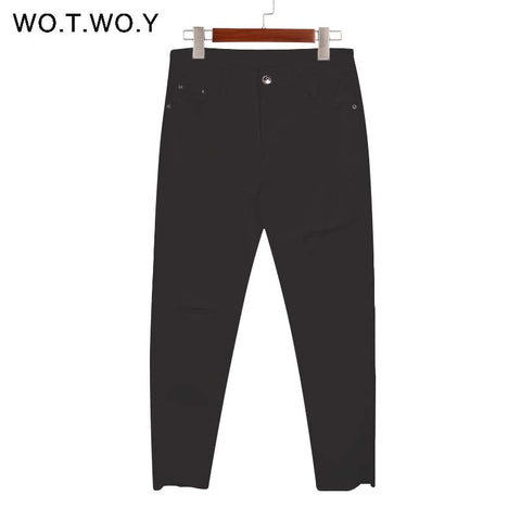 WOTWOY Black Ripped Jeans Woman S-3XL Skinny Elastic Jeans Irregular Edge Women Denim Pants High Waist Femme Jeans Plus Size