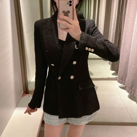 WXWT Women 2023 Black Tweed Slim Blazer Coat Vintage Long Sleeve Lapel Female Office Lady Work Suit CD8664