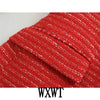 WXWT Women Red Tweed Textured Double Breasted Blazer Vintage Notched Collar Long Sleeve Jacket Coats Office Lady Outerwear Tops