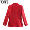 WXWT Women Red Tweed Textured Double Breasted Blazer Vintage Notched Collar Long Sleeve Jacket Coats Office Lady Outerwear Tops