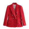 WXWT Women Red Tweed Textured Double Breasted Blazer Vintage Notched Collar Long Sleeve Jacket Coats Office Lady Outerwear Tops