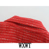 WXWT Women Red Tweed Textured Double Breasted Blazer Vintage Notched Collar Long Sleeve Jacket Coats Office Lady Outerwear Tops