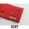 WXWT Women Red Tweed Textured Double Breasted Blazer Vintage Notched Collar Long Sleeve Jacket Coats Office Lady Outerwear Tops