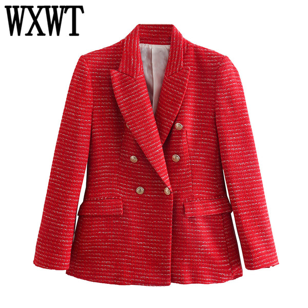 WXWT Women Red Tweed Textured Double Breasted Blazer Vintage Notched Collar Long Sleeve Jacket Coats Office Lady Outerwear Tops
