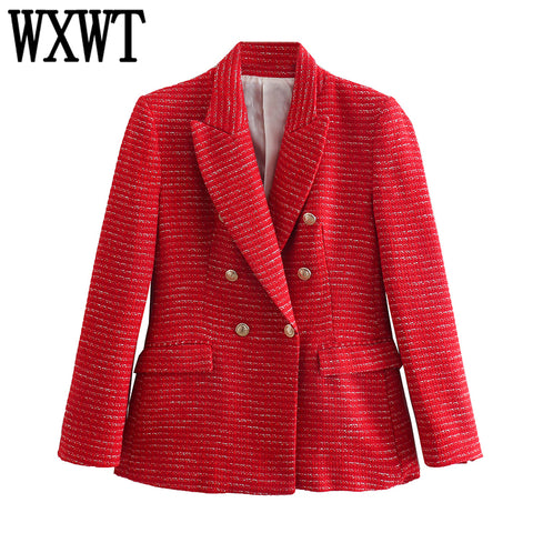 WXWT Women Red Tweed Textured Double Breasted Blazer Vintage Notched Collar Long Sleeve Jacket Coats Office Lady Outerwear Tops