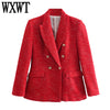 WXWT Women Red Tweed Textured Double Breasted Blazer Vintage Notched Collar Long Sleeve Jacket Coats Office Lady Outerwear Tops