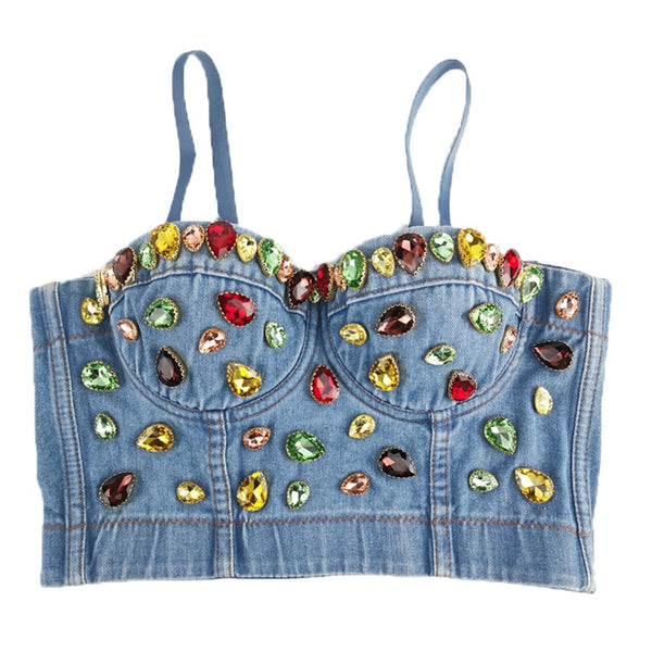 WYS.JL Sexy Body Sculpting Women's Tube Top Gemstone Diamond Denim Camisole Tight Crop Top