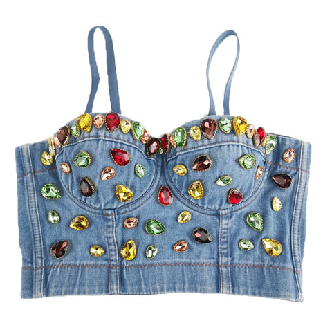 WYS.JL Sexy Body Sculpting Women's Tube Top Gemstone Diamond Denim Camisole Tight Crop Top