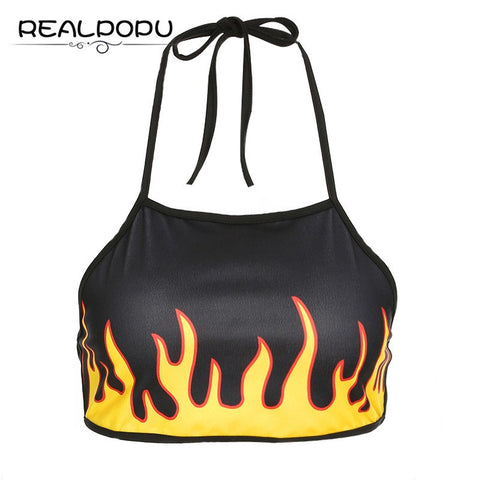 Fire Halter Cropped Tank Top Bodycon Sexy Stretchy Sleeveless Streetwear Black Feminino Summer tops for women 2022