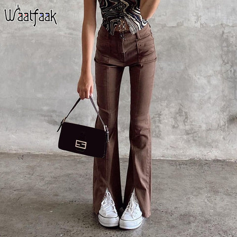 Waatfaak Splice Brown Grunge Y2K Aesthetic Skinny Jeans Women High Waist E Girl Vintage Cargo Straight Leg Jeans Ladies Retro