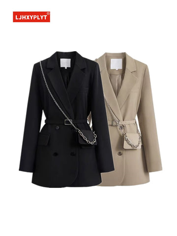 Waist Belt Black Suit Jacket Women's Spring And Autumn Simple Commuter Design Solid Color Long Sleeves Blazer Coat Female
