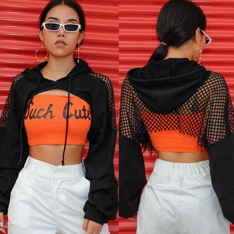 Wanita Cut Front Blus Mesh Jaring Ikan Sweatshirt Seksi Mesh Vintage Blus Kemeja Lengan Panjang Club Wear Tops Blusas Tunik hitam