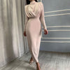 WannaThis Midi Dress Women Long Sleeve Hight Waist Elegant Dresses Autumn 2023 Lady Party Dresses Front Ruched Hem Split Solid