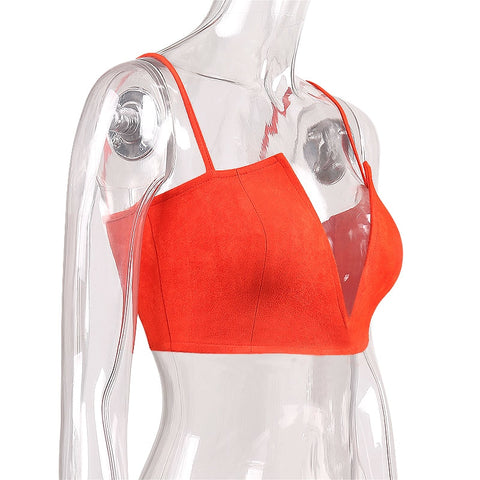WannaThis Suede Deep V Neck Tops Women Red Sleeveless Backless Crop Tops Zipper Strap Sexy Club Tops Tees 2022 Summer Brand Lady