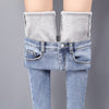 Warm Jeans Pants For Women Plus Size Winter Blue Light blue Solid Skinny Fleeces Thick Pencil Pants with Velvet Denim Trousers