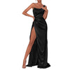 Wedding Guest Dresses For Women Formal Satin One-Shoulder Solid Color Long Dress High Waist High Slit Mopping Maxi Dress