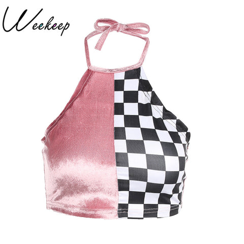 Women Fashion Brand Checkerboard Halter Cropped Cami Sleeveless Backless Feminino Velvet Crop Top Camisole
