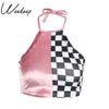 Women Fashion Brand Checkerboard Halter Cropped Cami Sleeveless Backless Feminino Velvet Crop Top Camisole